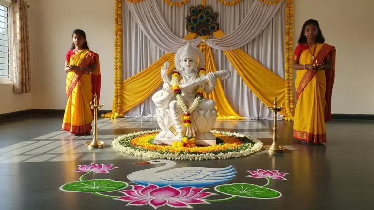 Saraswati Puja 2026 Anchoring Script stage decoration