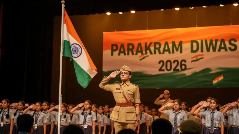 Student anchor performing Netaji Jayanti Parakram Diwas script 2026