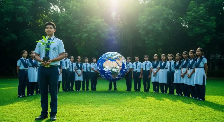 Earth Day school assembly 2026 anchoring script with students holding earth globes and green posters