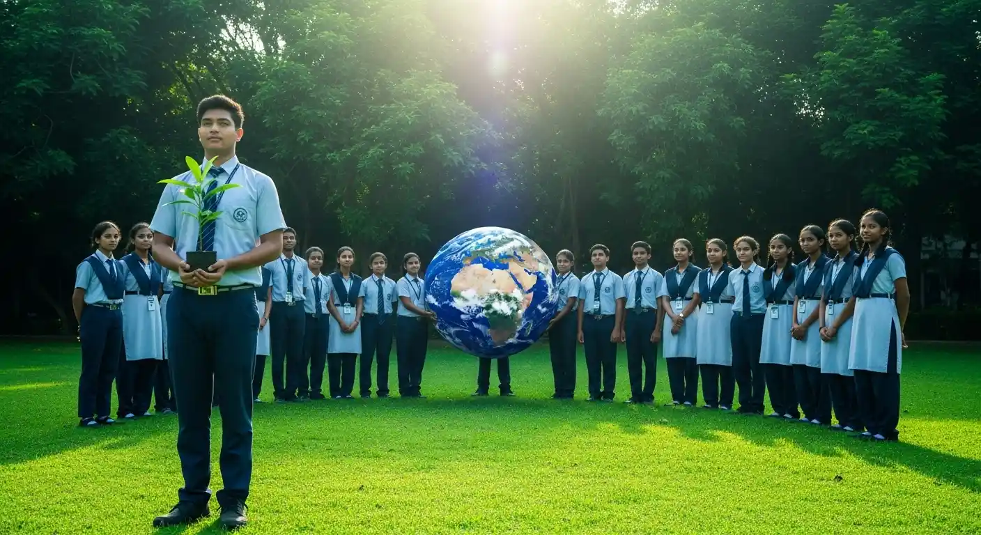 Earth Day school assembly 2026 anchoring script with students holding earth globes and green posters