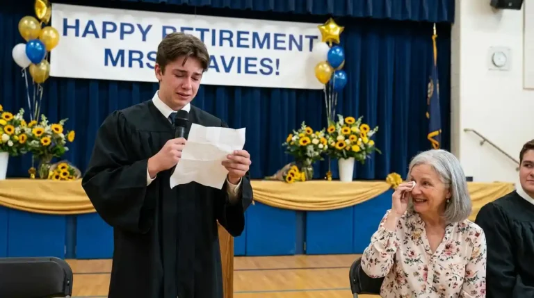 Emotional student giving a retirement speech for a teacher on a decorated school stage with flowers and a 'Happy Retirement' banner