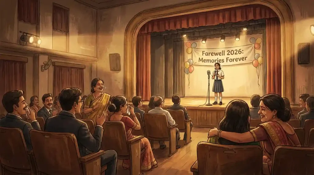 Juniors and seniors hugging and taking selfies at a school farewell party, 'Farewell 2026' written on a chalkboard in the background