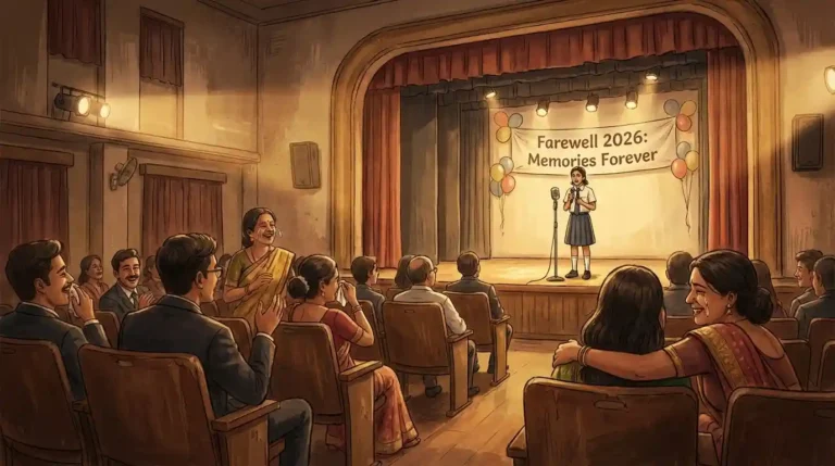 Juniors and seniors hugging and taking selfies at a school farewell party, 'Farewell 2026' written on a chalkboard in the background