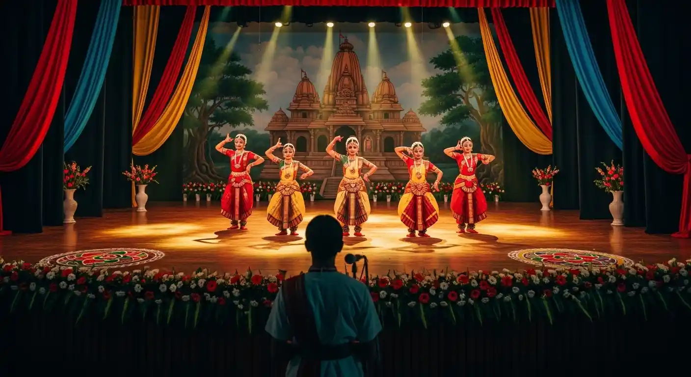 Student anchor introducing a dance performance on a school stage.