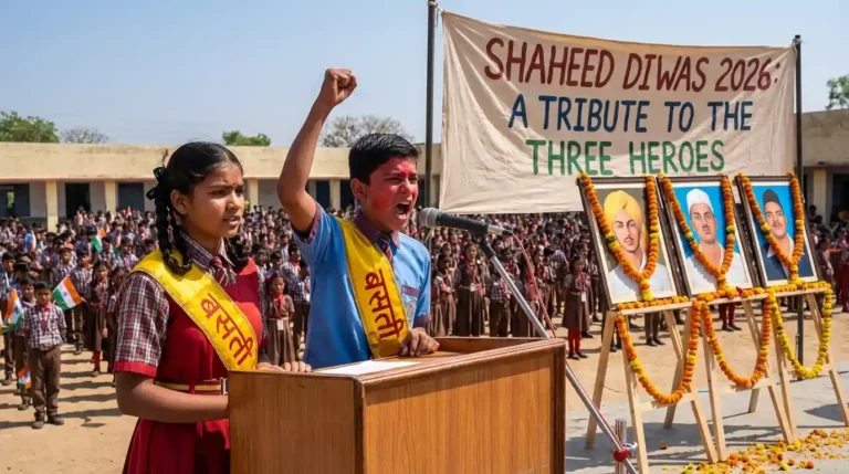 Student anchors performing the Shaheed Diwas Anchoring Script on March 23 to tribute Bhagat Singh, Sukhdev, and Rajguru in school assembly.