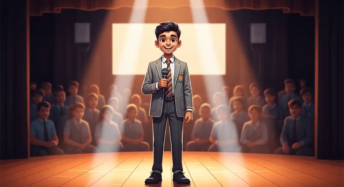 Student holding microphone on stage representing ScriptWala public speaking mission