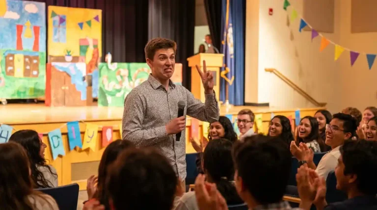 A student anchor on stage holding a microphone, laughing and making the audience laugh during a comedy anchoring segment.