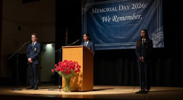 Student anchors delivering a Memorial Day assembly script in a school remembrance ceremony.