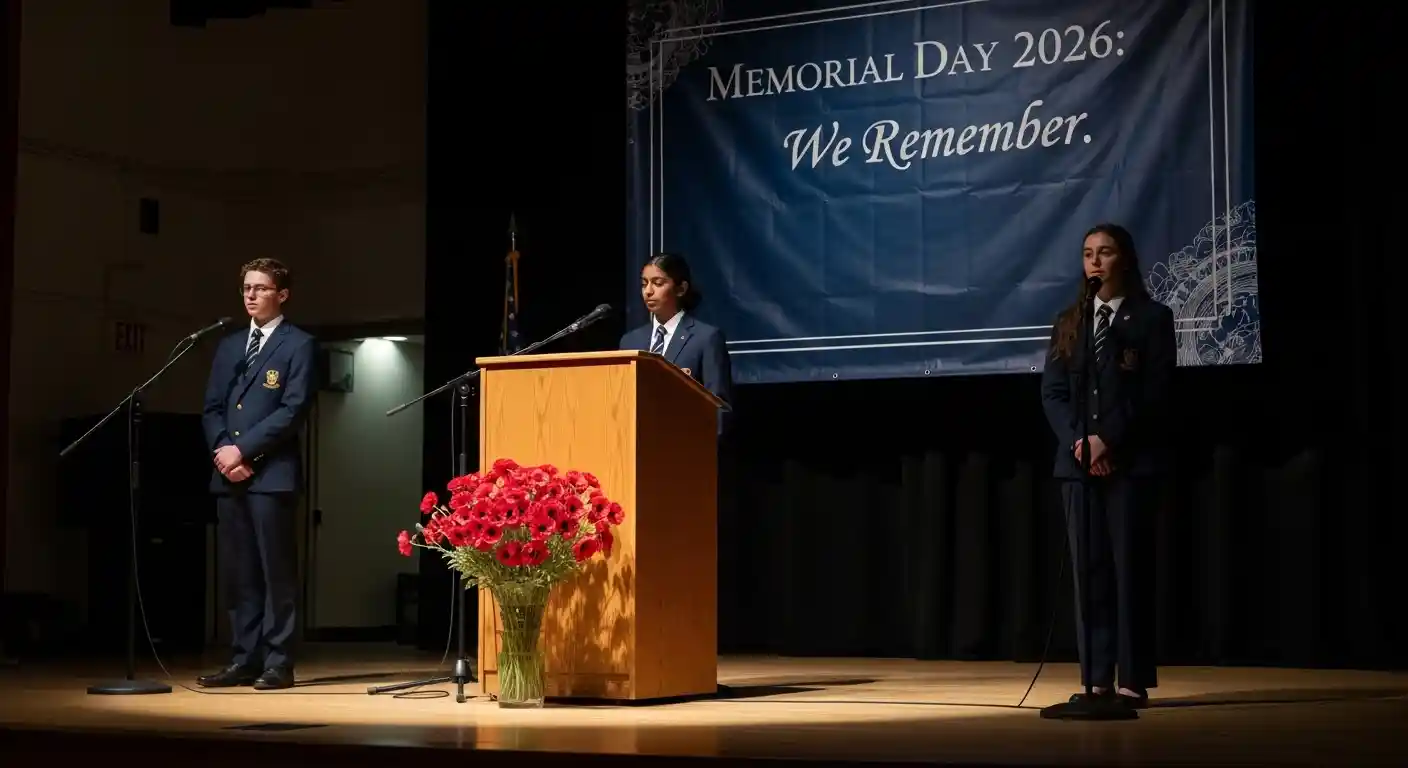Student anchors delivering a Memorial Day assembly script in a school remembrance ceremony.