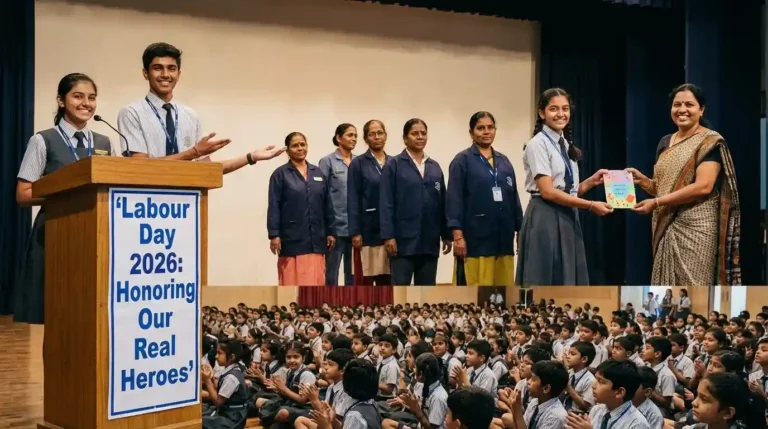 Student anchors hosting a Labour Day assembly and honoring school support staff with a bilingual script.