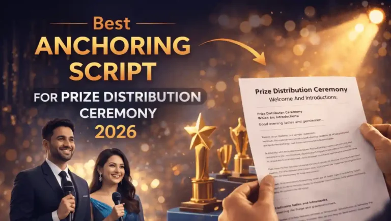 Student anchors hosting a school prize distribution ceremony with trophies and awards on stage