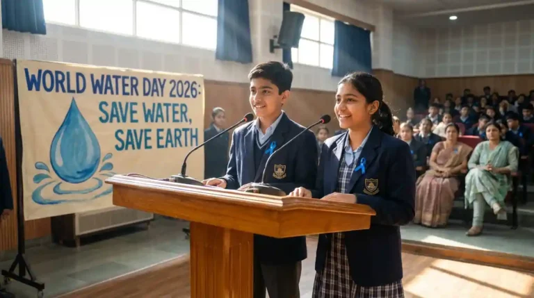 Student anchors hosting the World Water Day school assembly on March 22 with a Save Water pledge.