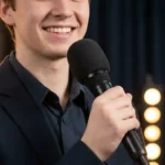 A confident student anchor demonstrating the correct way to hold a microphone at a 45-degree angle near the chin.