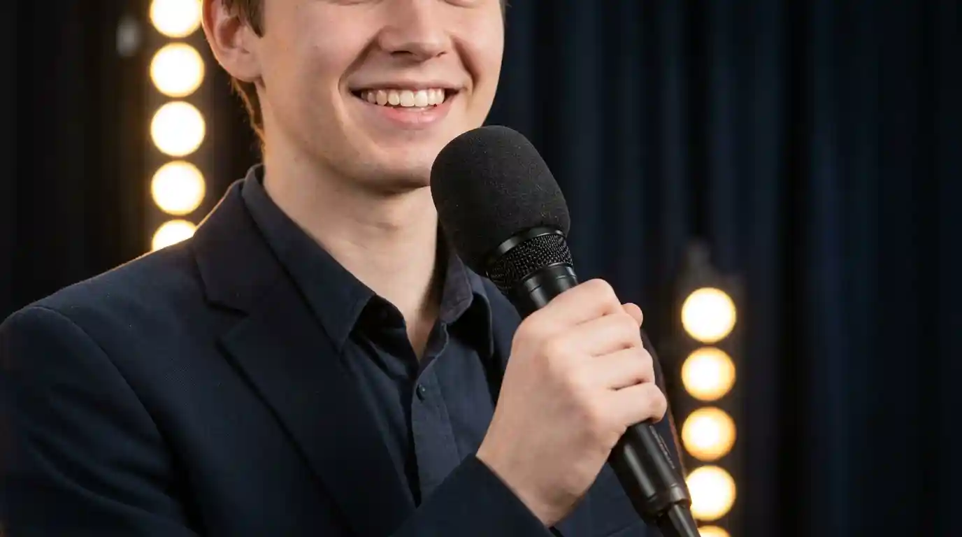 A confident student anchor demonstrating the correct way to hold a microphone at a 45-degree angle near the chin.