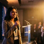 A confident student anchor holding a microphone, smiling and making eye contact with the audience during their introduction.
