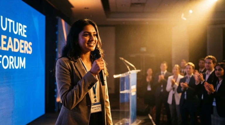 A confident student anchor holding a microphone, smiling and making eye contact with the audience during their introduction.