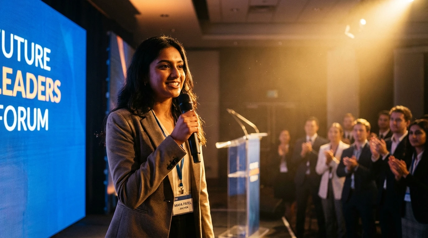 A confident student anchor holding a microphone, smiling and making eye contact with the audience during their introduction.