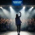 A confident student anchor waving goodbye to the audience at the end of a successful school event.