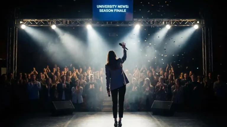 A confident student anchor waving goodbye to the audience at the end of a successful school event.