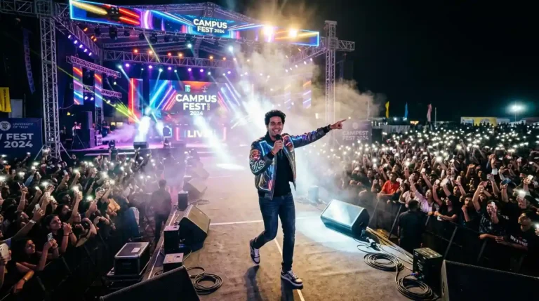 A high-energy college festival stage with professional lighting and students performing, while a student anchor engages the crowd.