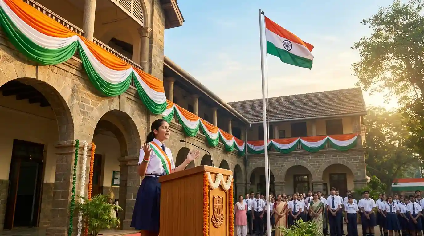 Student anchors in crisp white uniforms delivering an Independence Day speech on a stage decorated with the Indian Tricolor.