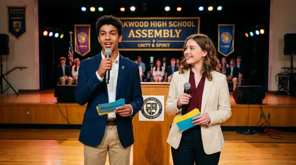Two student anchors on stage looking at each other and smiling while successfully delivering a co-anchoring script.