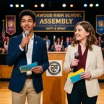 Two student anchors on stage looking at each other and smiling while successfully delivering a co-anchoring script.