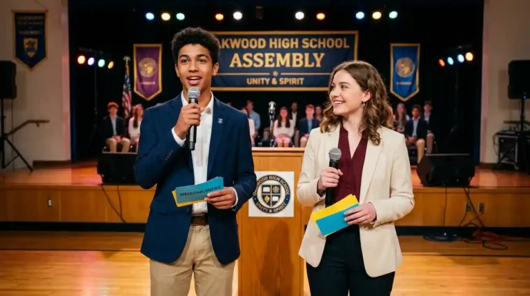 Two student anchors on stage looking at each other and smiling while successfully delivering a co-anchoring script.
