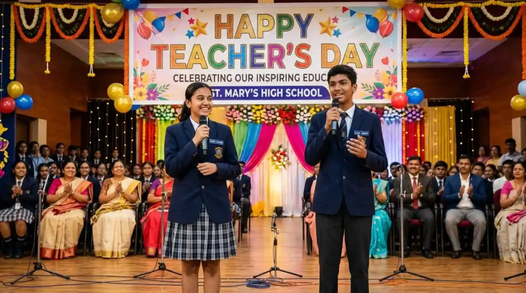 Two student anchors standing on a decorated stage with a "Happy Teacher's Day" banner