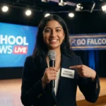 A confident student anchor making direct eye contact while properly introducing themselves on stage without sounding nervous