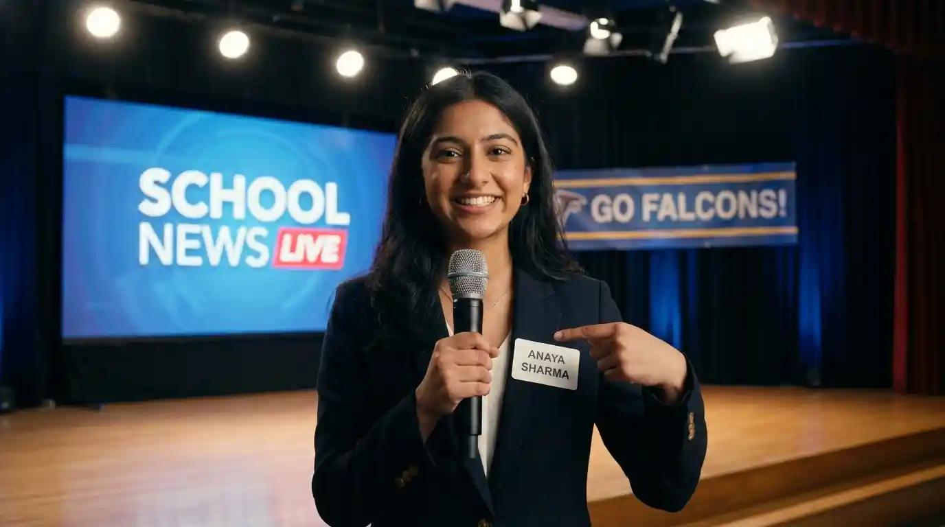 A confident student anchor making direct eye contact while properly introducing themselves on stage without sounding nervous