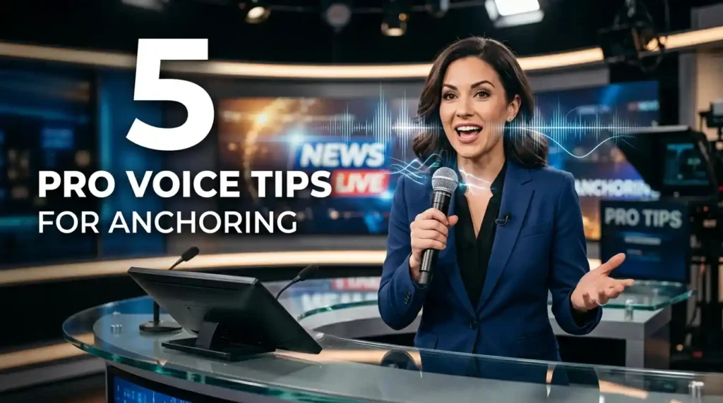 A confident student anchor practicing voice modulation and speaking clearly into a stage microphone.