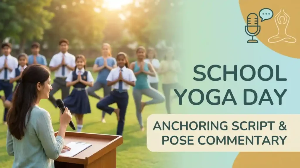 A student anchor delivering a calm and spiritual script during a school's International Yoga Day morning assembly.
