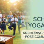 A student anchor delivering a calm and spiritual script during a school's International Yoga Day morning assembly.