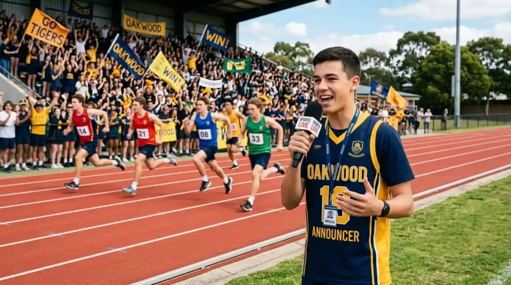 A student anchor excitedly delivering live running commentary into a microphone during a school sports day race.