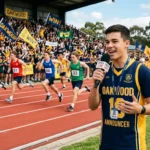 A student anchor excitedly delivering live running commentary into a microphone during a school sports day race.
