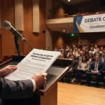 A student anchor moderating a formal school debate competition and explaining the rules from the podium.