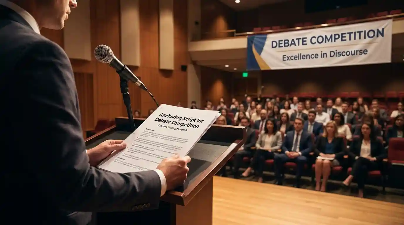 A student anchor moderating a formal school debate competition and explaining the rules from the podium.