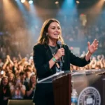A confident college student delivering an engaging speech to a large crowd during a campus event.