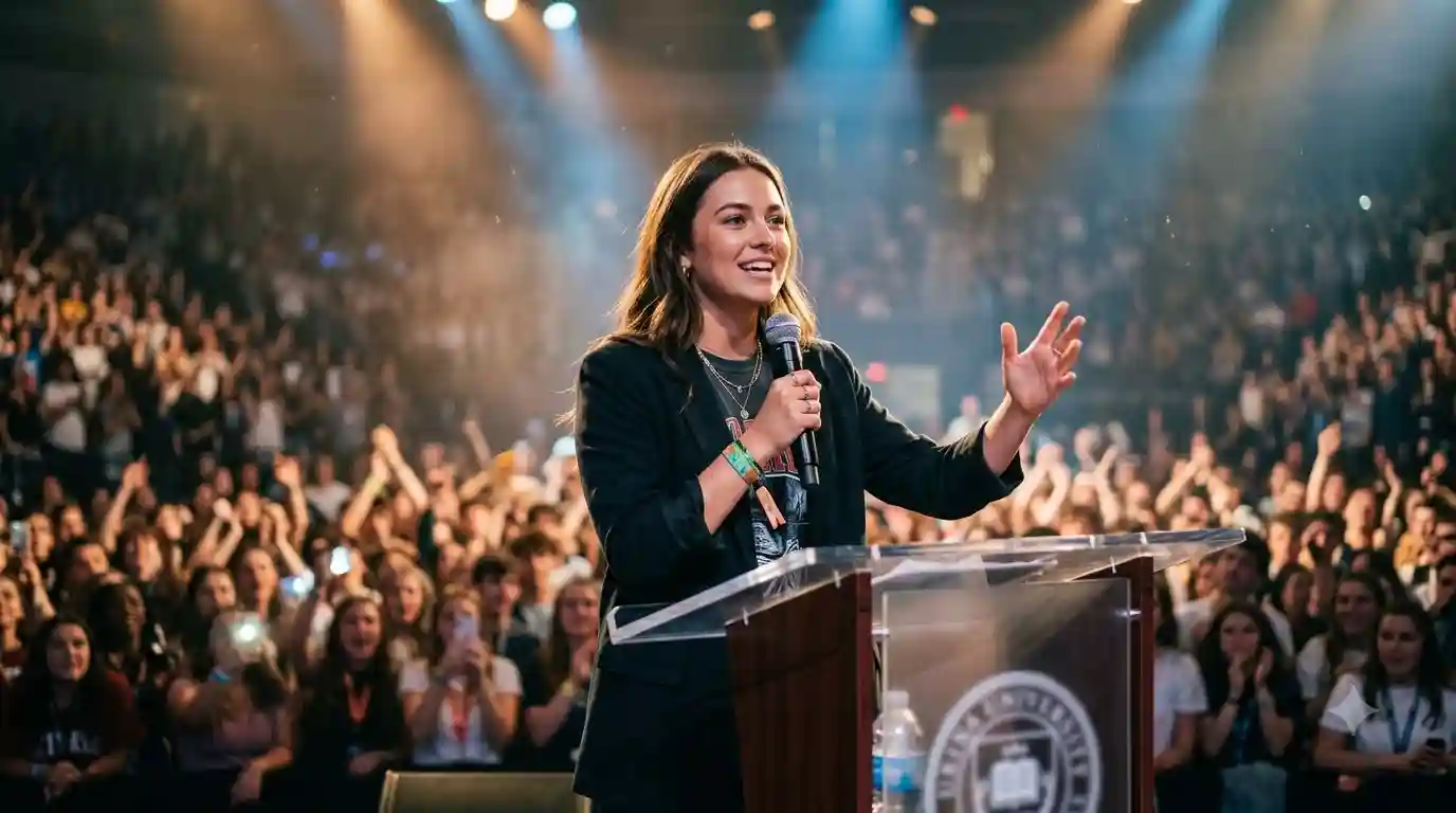 A confident college student delivering an engaging speech to a large crowd during a campus event.