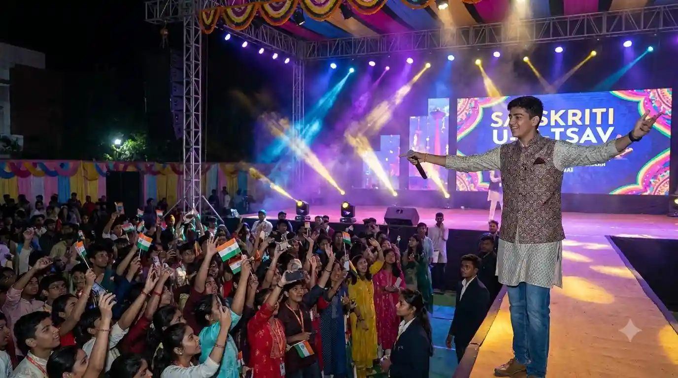 A confident student anchor delivering an energetic anchoring script in Hindi for a cultural event on stage.
